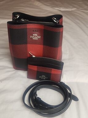 Coach Red & Black Plaid Crossbody Bag And Wallet